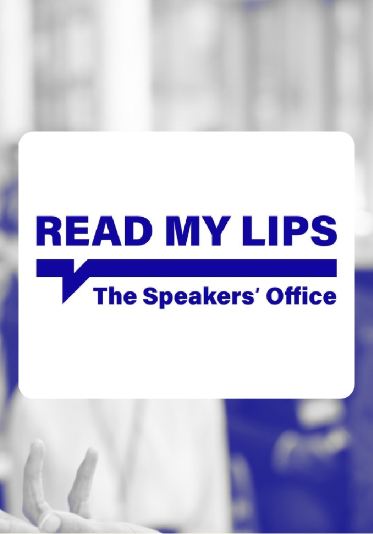 Read My Lips: blauw logo tussen beelden van sprekers